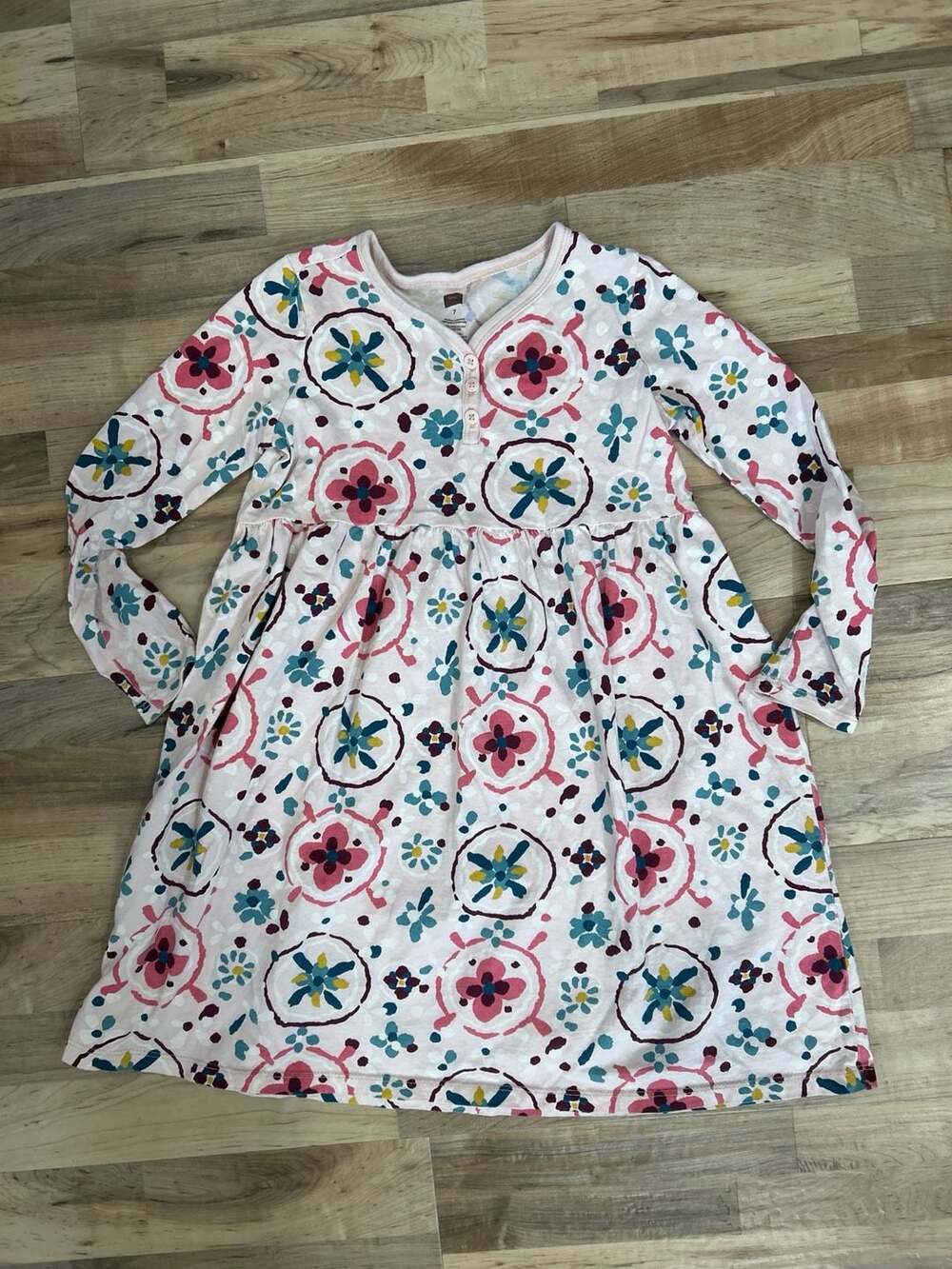 Tea Long Sleeve Henley Skirted Dress with Bohemian Floral Print Size 7